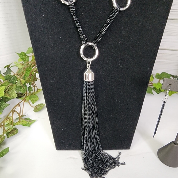 Long Multi Black Chain Necklace with Tassel and Matching Earrings Set - Picture 5 of 10